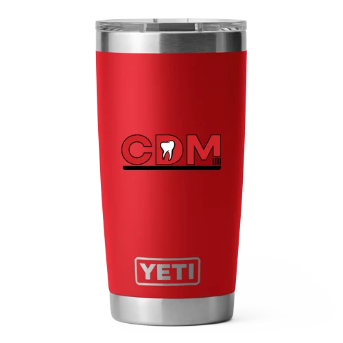 Red YETI Rambler tumbler with the CDM logo