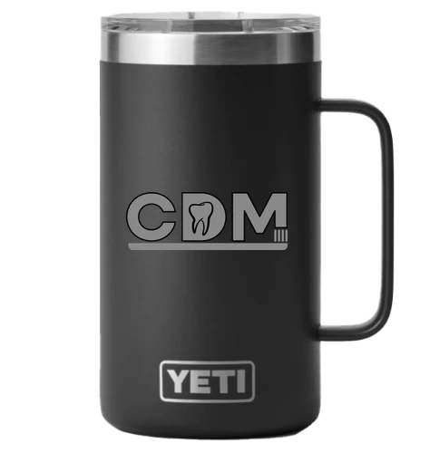 Black YETI Rambler mug with the CDM logo